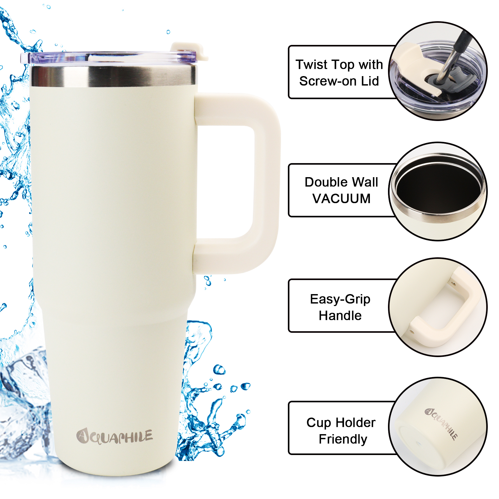 AQUAPHILE Insulated Tumbler with Straw, 40 oz, Ivory photo 3
