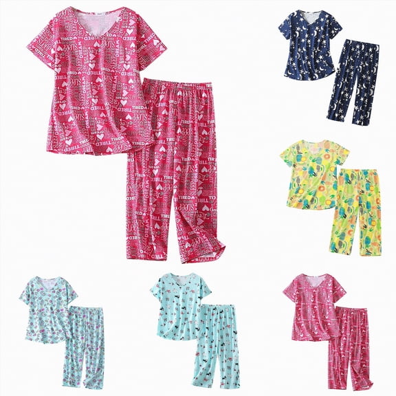 vigerkar Pajamas for Women Plus Size Pj Sets Tops with Capri Pants Ladies Pajama Sets Lounge Sleepwear (Navy, XXL)