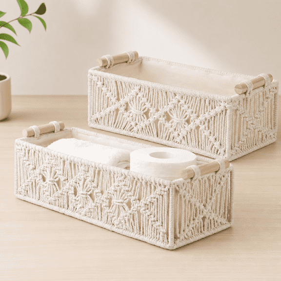 Set of 2 Macrame Storage Baskets, Boho Bohemian Decor, Beige Bathroom Decor, Decorative & Toilet Paper Storage Basket, Multipurpose Back of Toilet Bathroom Basket Organizer for Bedroom Living Room