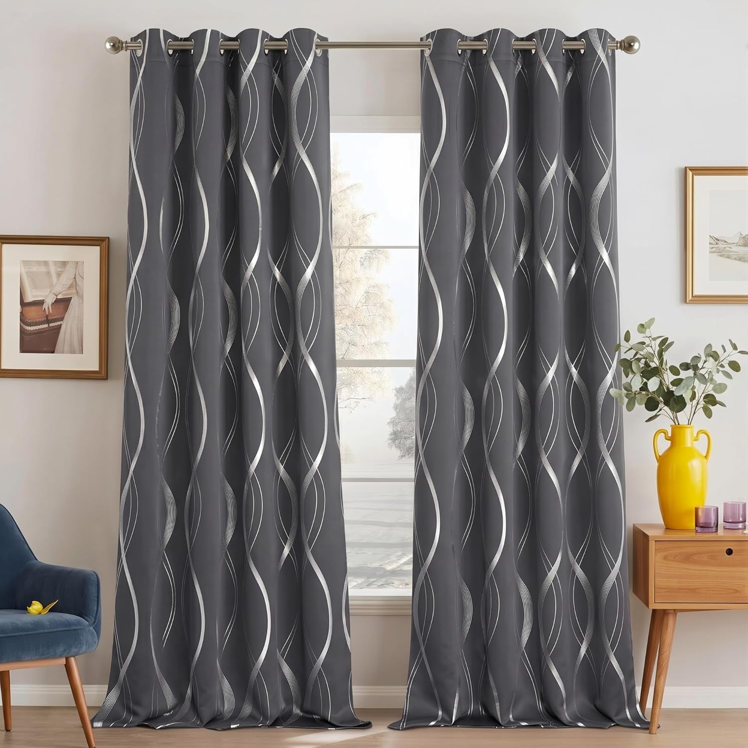 NICETOWN Blackout Curtains Long Wave Line Embossed Grommet Room Darkening Curtains Thermal Insulated 2 Panels Curtains for Living Room Bedroom Grey Curtains, 52 W x 84L