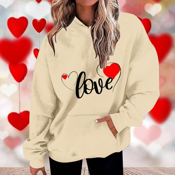 BLTIBY Valentine's Day Sweatshirt Hoodies for Women Printed Long Sleeve Round Neck Shirt Fashion Pullover Tops with Pockets Beige L