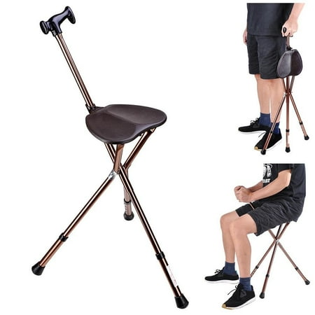 Foldable Seat - GHP 160-Lbs Capacity Aluminum Alloy & ABS Tripod Base Foldable Walking Stick with Seat