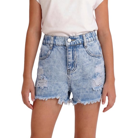 LWNYDPLSD Girl Denim Shorts Elastic Waisted Ripped Jean Shorts for Kids Vintage Frayed Hem Jorts Teens Girl Summer Streetwear Clothes