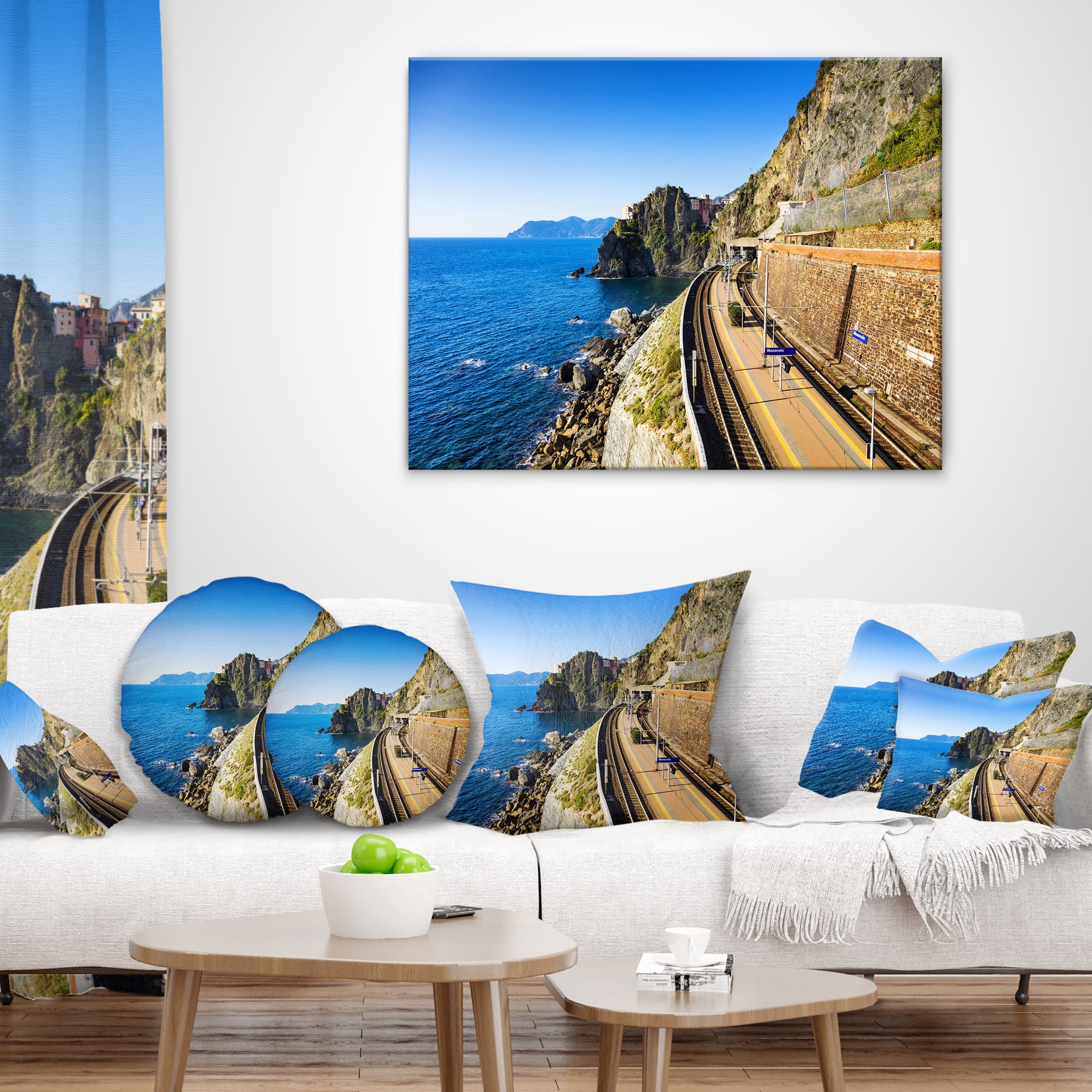 Designart Train and Railroad Station in Manarola - Landscape Wall Throw Pillow - 12x20