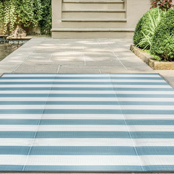 4x6 Waterproof, Reversible Plastic Straw Outdoor Rugs for Patios | Also for Camping, RV, Deck, Porch, Balcony, Camp, Patio | Aqua, Stripes | Size: 4' x 5'11''