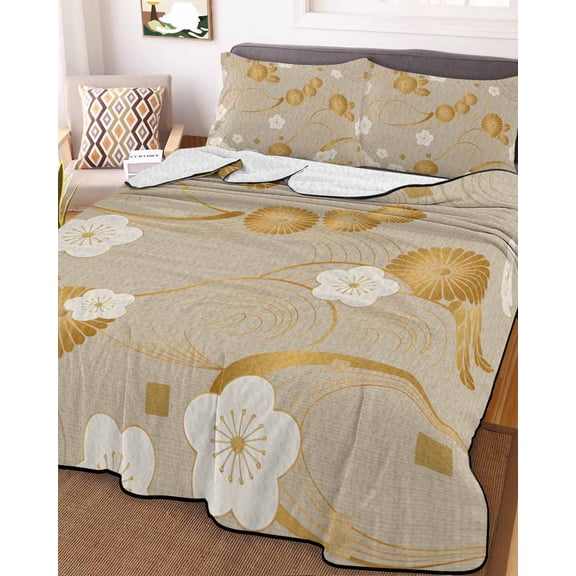 Yellow Flower Queen Size Down Alternative Comforter, Lightweight Comforter Quilt Bedding Set with Pillow Shams Japanese Style Floral Leaf on Linen All Seasons Bed Comforter Duvet Insert 90"x96"