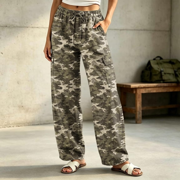 BaoFuBaoMei Camo Cargo Pants for Women Plus Size Wide Leg Drawstring High Waisted Trousers with Pockets Bottoms Hiking Streetwear