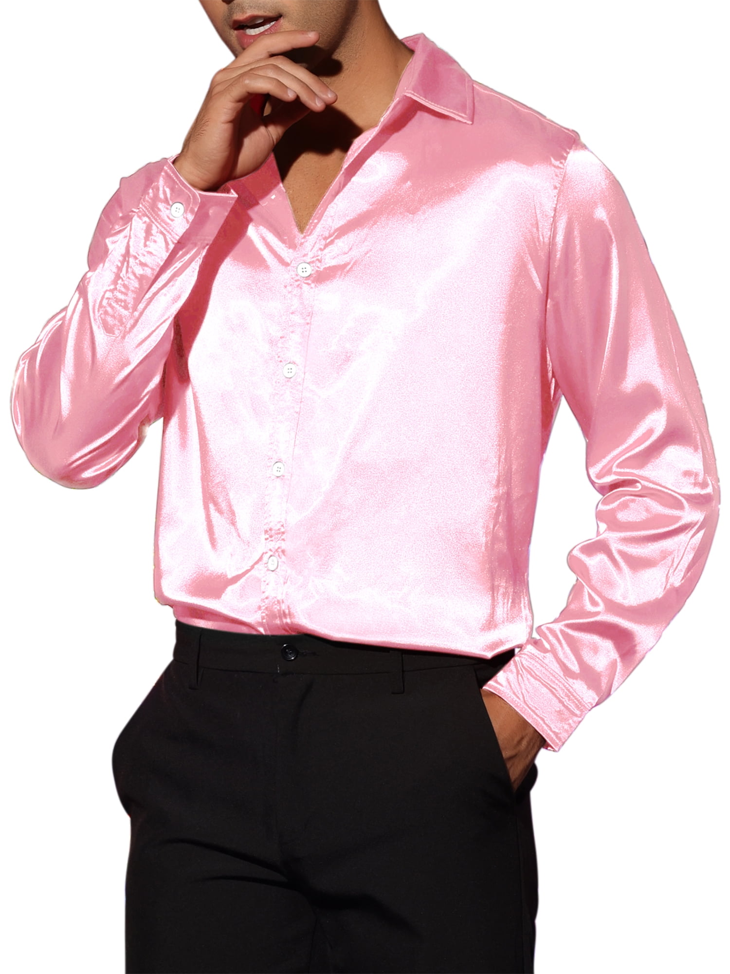 Unique Bargains Men's Satin V Neck Long Sleeves Button Down Prom Shirts L Pink