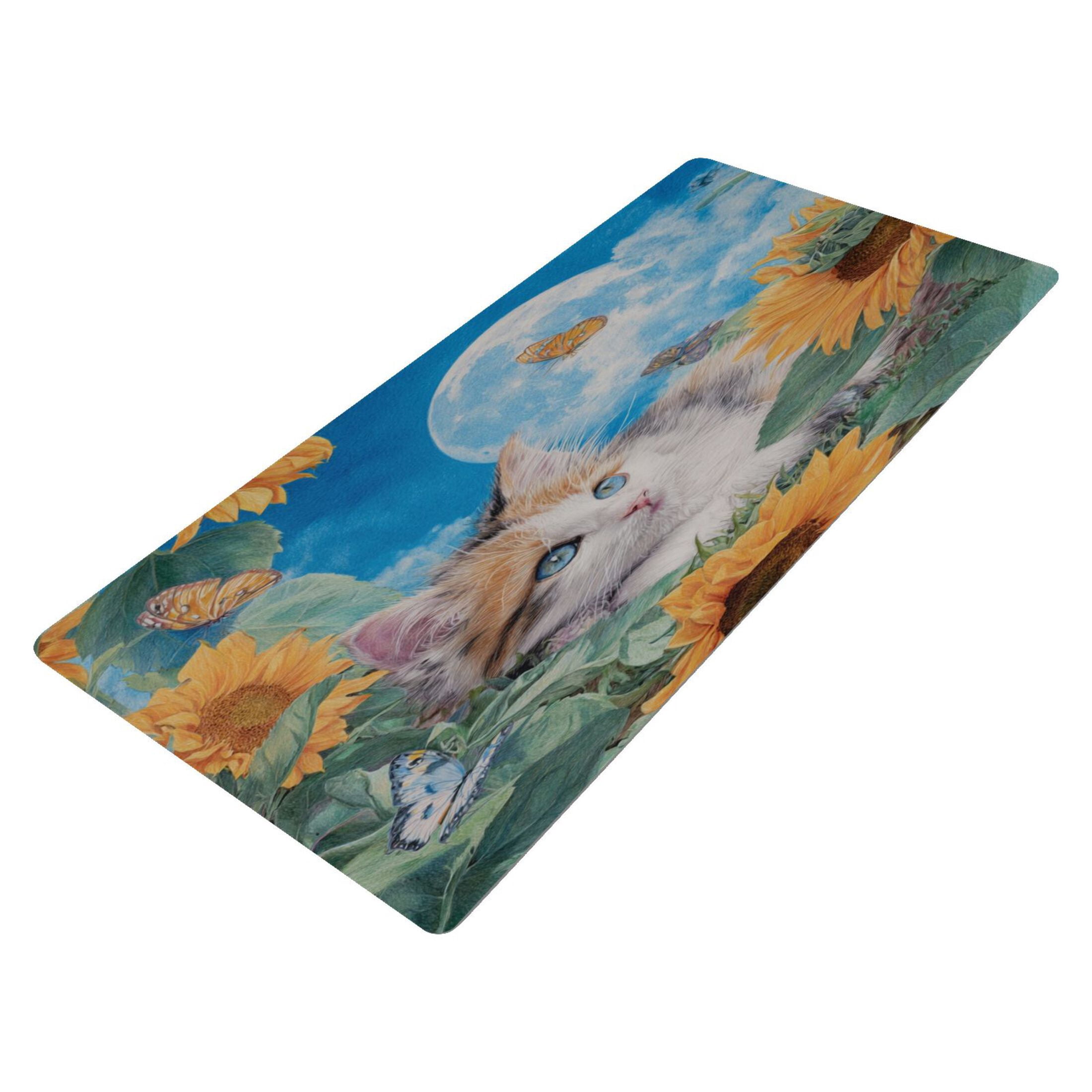 Leather Keyboard and Mouse Desk Mat Office Desk Accessories Protective Office Desk Decor Desk Pad Mat for Gaming, Work from Home, Office Playful Cat Lying Sunflowers 23.6" x 47.2"