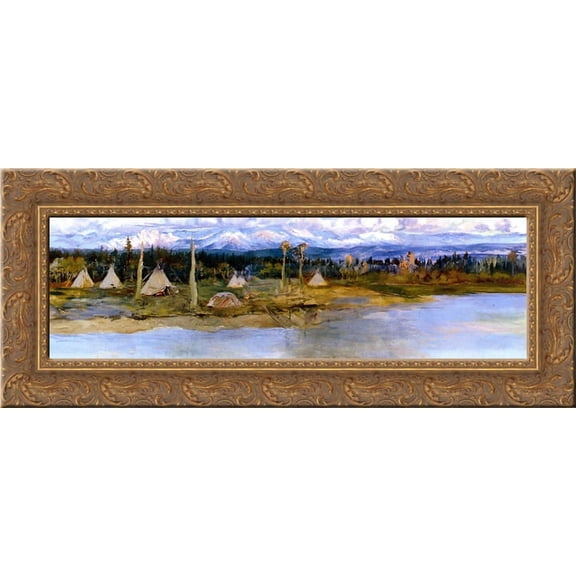 Kootenai Camp on Swan Lake (unfinished) 24x10 Gold Ornate Wood Framed Canvas Art by Charles M. Russell