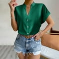 thumbnail image 2 of RYRJJ Women's Elegant Shirts Fashion Casual Loose Fit Short Sleeve V-Neck Shirt Tops Button Down Lightweight Stand Collar Blouse(Green,L), 2 of 9