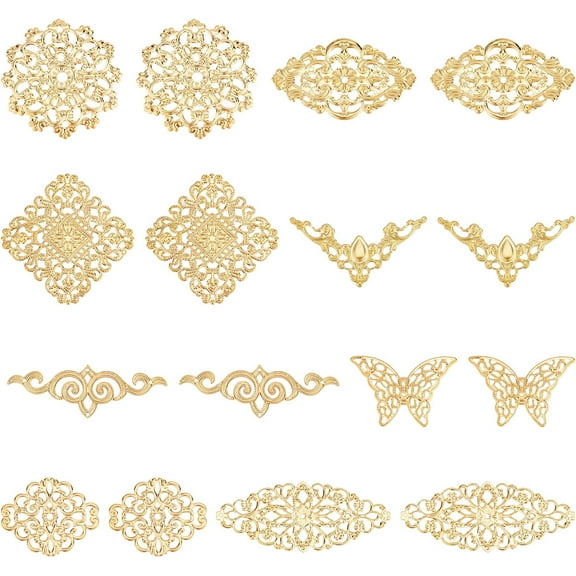 1 Box 80Pcs 8 Styles Gold Filigree Connectors Metal Filigree Pieces Iron Flower Embellishments Hollow Charm for Jewelry Making Charms Begginners Adult DIY Craft Home Decoration Accessories DIY