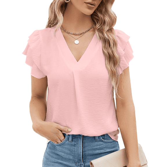 SOMER Womens Dressy Shirts Ruffle Short Sleeve V Neck Work Blouse Business Casual Summer Cute Tops 2025 Pink L