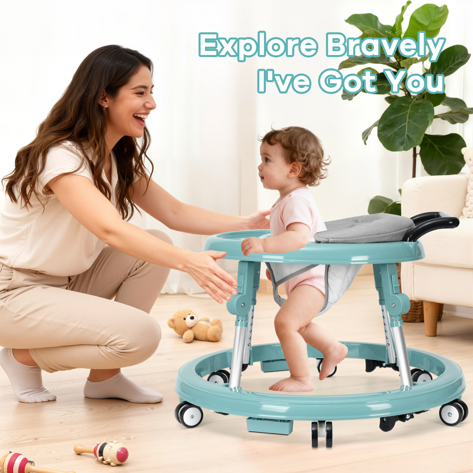 Baby Walker 9-Level Height Adjustable with Non-Slip Wheels for Infants 6-12 Months Portable Activity Center Green