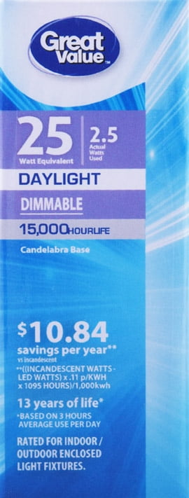 Great Value Decorative LED Light Bulb, Daylight, Dimmable, 2.5W (25W Equivalent), 4 Count