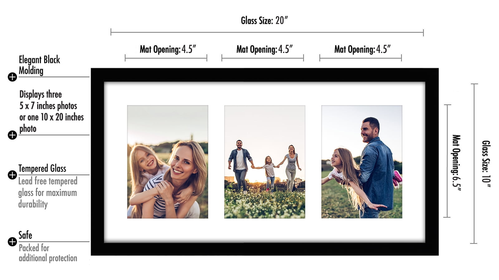 Americanflat 10x20 Collage Picture Frame with Three 5x7 Displays in Black - Composite Wood with Shatter Resistant Glass - Horizontal and Vertical Formats for Wall