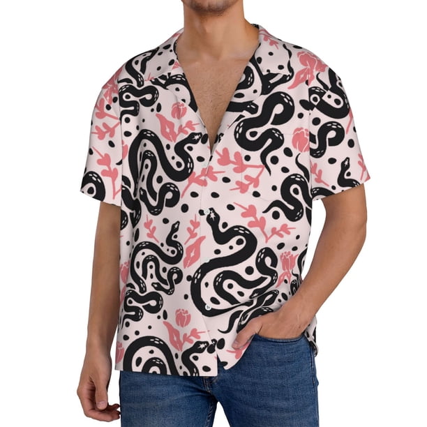 Fotbe Black Snake Camisa Estampada de Manga Corta para Hombre, Casual de Verano, Estilo Playero, Sin Arrugas-Large