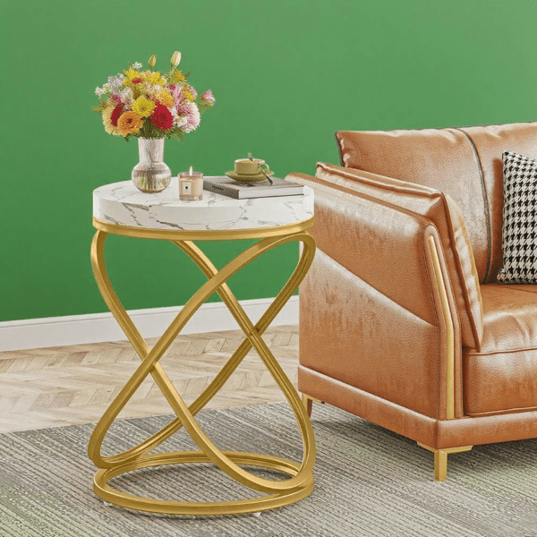 Faux Marble Round End Table, Large Top, Gold Metal Frame for Bedroom/Living Room as Nightstand/Sofa Side Table