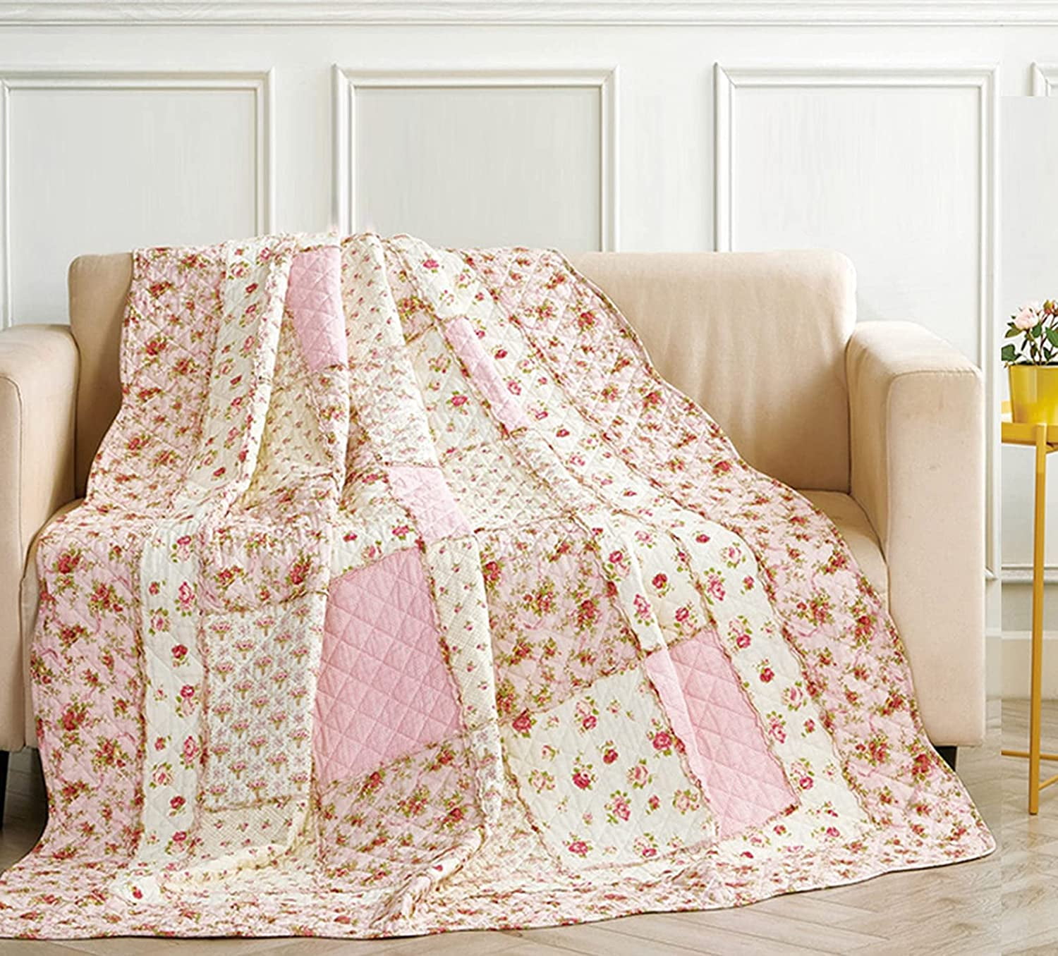 Original 100% Cotton Patchwork Quilt Twin Size Pink Floral Bedspread Coverlet Reversible Vintage Shabby Chic Quilted Throw Blanket Bed Quilt Cover for Couch Sofa