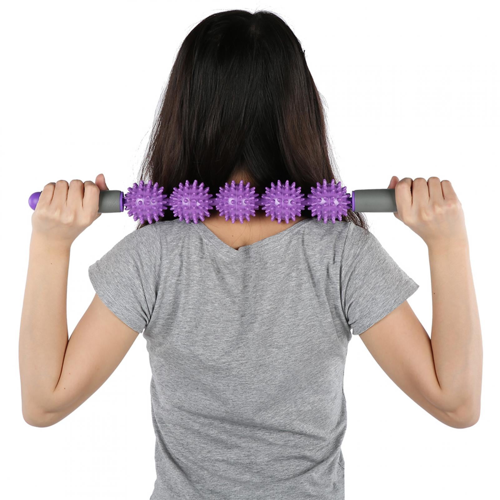 BIMZUC 2Pcs Massage Stick Muscle Relaxation Massager Five Balls Spiky Fascia Rods Yoga Roller 20.5 inches / 52 cm Purple