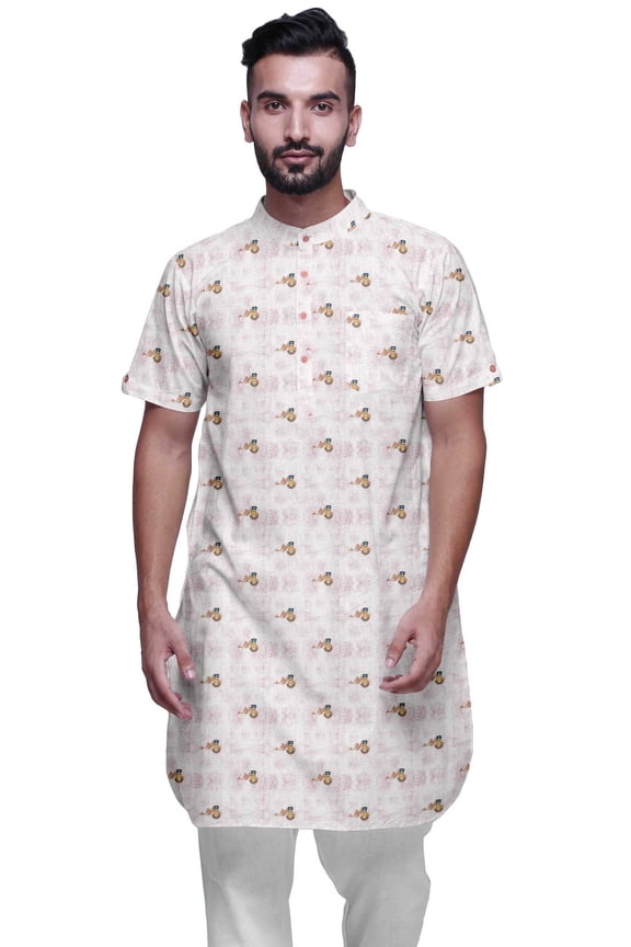 Printed Kurta For Men Mandarin Collar Cotton Cambric Casual Kurta Shirt