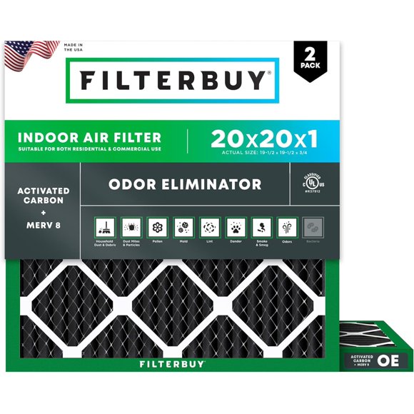 Filterbuy 20x20x1 MERV 8 (MPR 600) Odor Eliminator, Pleated HVAC AC Furnace Air Filters (2-Pack)