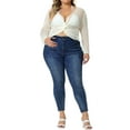 thumbnail image 2 of Agnes Orinda Women's Plus Size V-Neck Twist Knot Hollow Out Long Sleeve Top 1X Cream White, 2 of 6