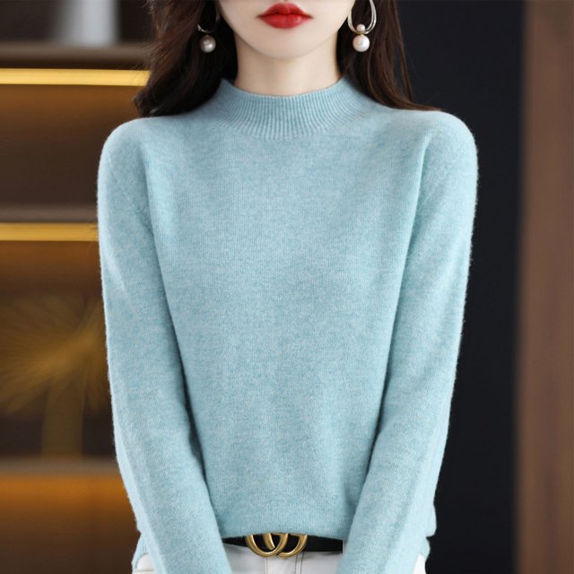 Suéter de primera línea similar a la piel para mujer, suéter de cuello alto medio de otoño e invierno, jersey de cachemira de punto suelto en la parte inferior