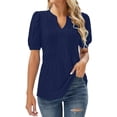 thumbnail image 2 of Blue T Shirts for Womens V Neck Tops Puff Short Sleeve T Shirt Pleated Floral Printed Tunic Blouse Shirts Fashion Clothing, 2 of 6