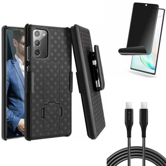 Privacy Screen Protector & 10ft Long USB-C Cable & Case Belt Clip for Samsung Galaxy Note 20 (6.7") - Combo with TPU Film Anti-Peep & PD Fast Charger Cord Power & Holster Swivel