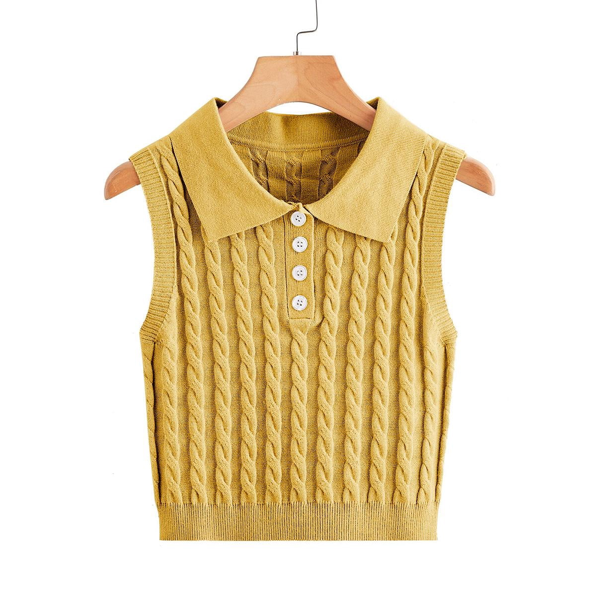 Langwyqu Womens Lapel Neck Cute Knit Sweater Vest Sleeveless Casual