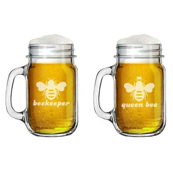 16oz Mason Jar Glass Mug w/Handle Gift Set of 2 Queen Bee Beekeeper Funny Couple His and Her, Bride and Groom, Wedding, Engagement, Anniversary, Bridal Shower