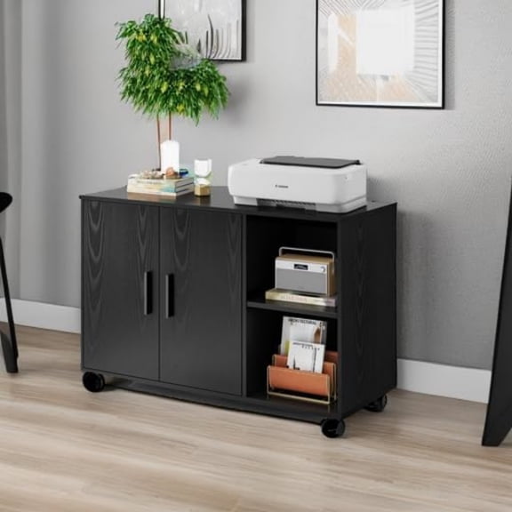Office Storage Cabinet with Doors and Shelves, Lateral Printer Stand for Office Supplies and File Storage, Filing Cabinet for Home Office, Black