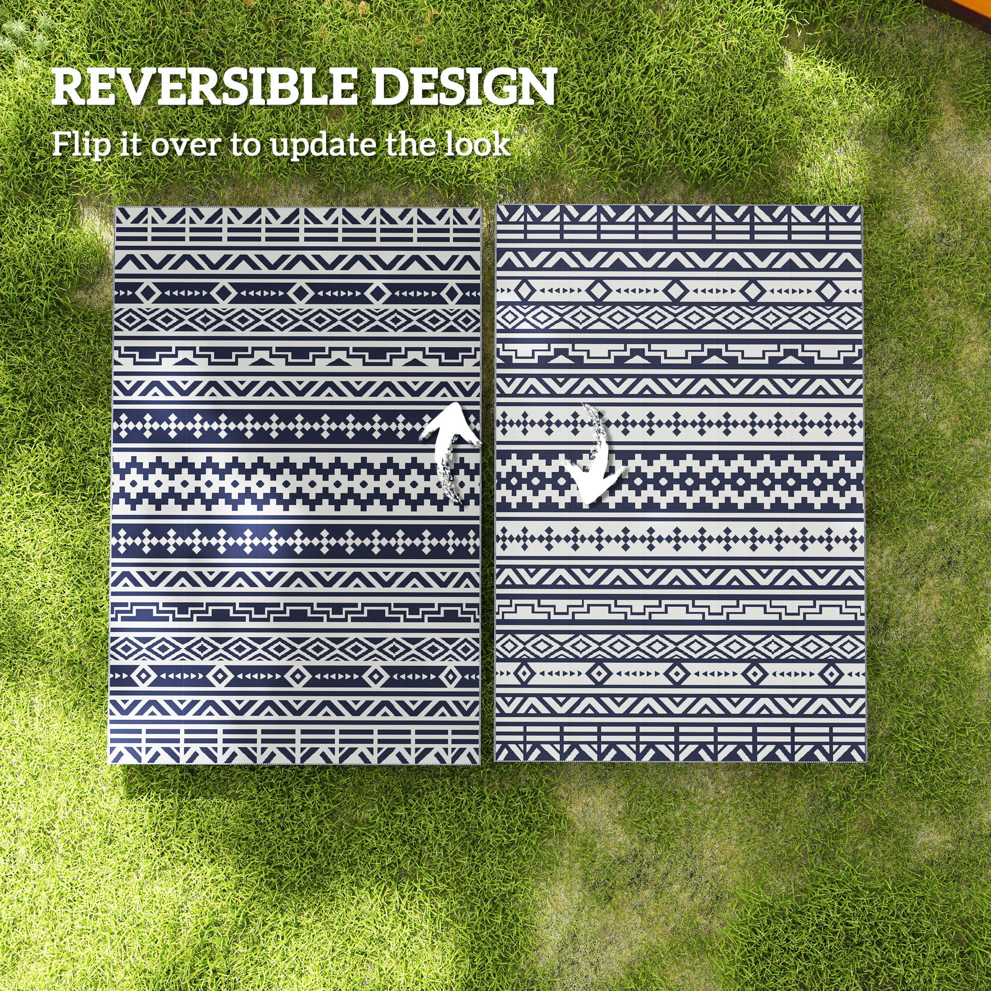 Outsunny Outdoor Patio Rug, Large Camping Carpet with Carrying Bag, 6' x 9' Waterproof Plastic Straw, Reversible, Blue & White Geometric