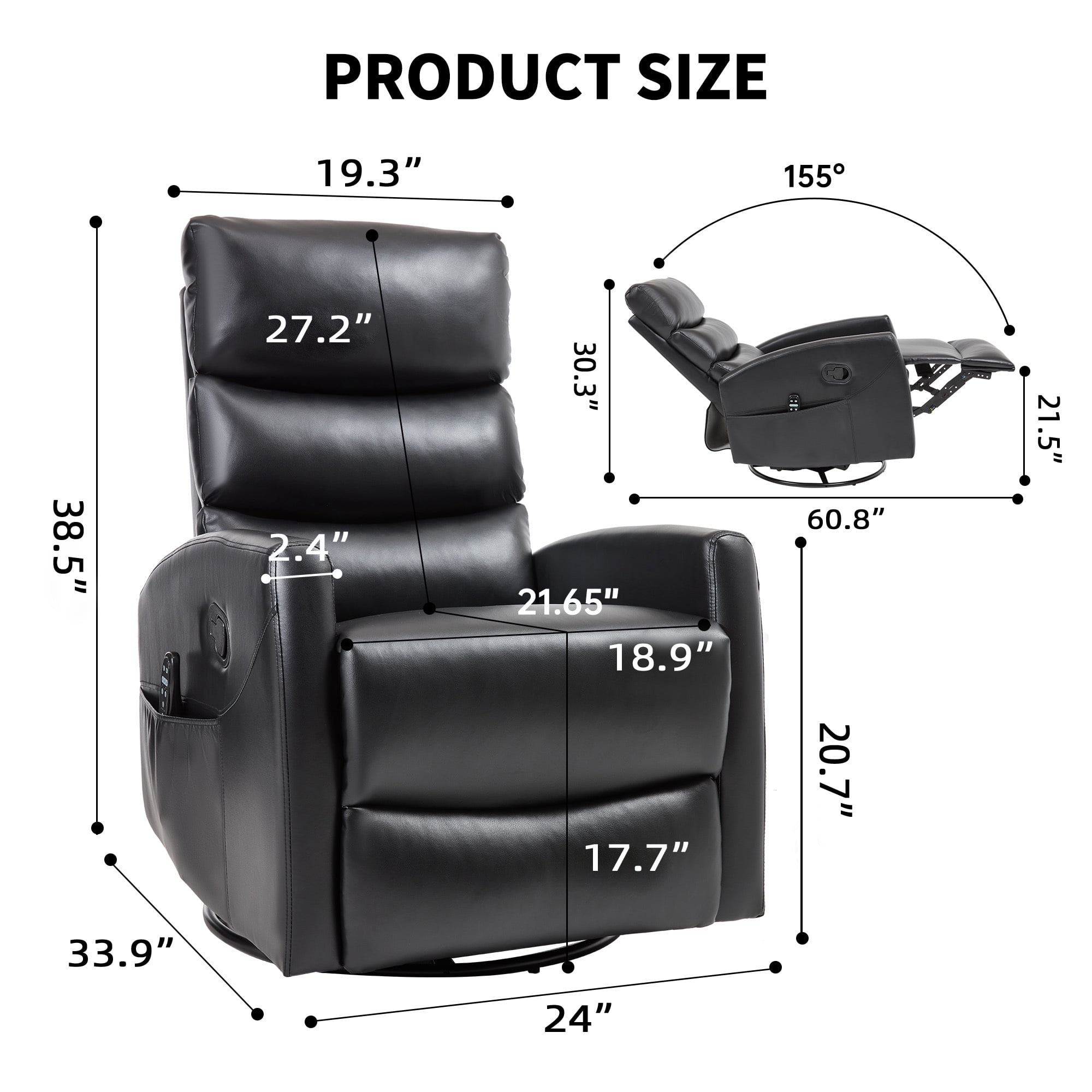 Leumius Swivel Recliner Chair,360° Glider Rocking Chair with Massage and Heating,PU Leather Small Manual Recliner for Nursery Home Theater,Black PU