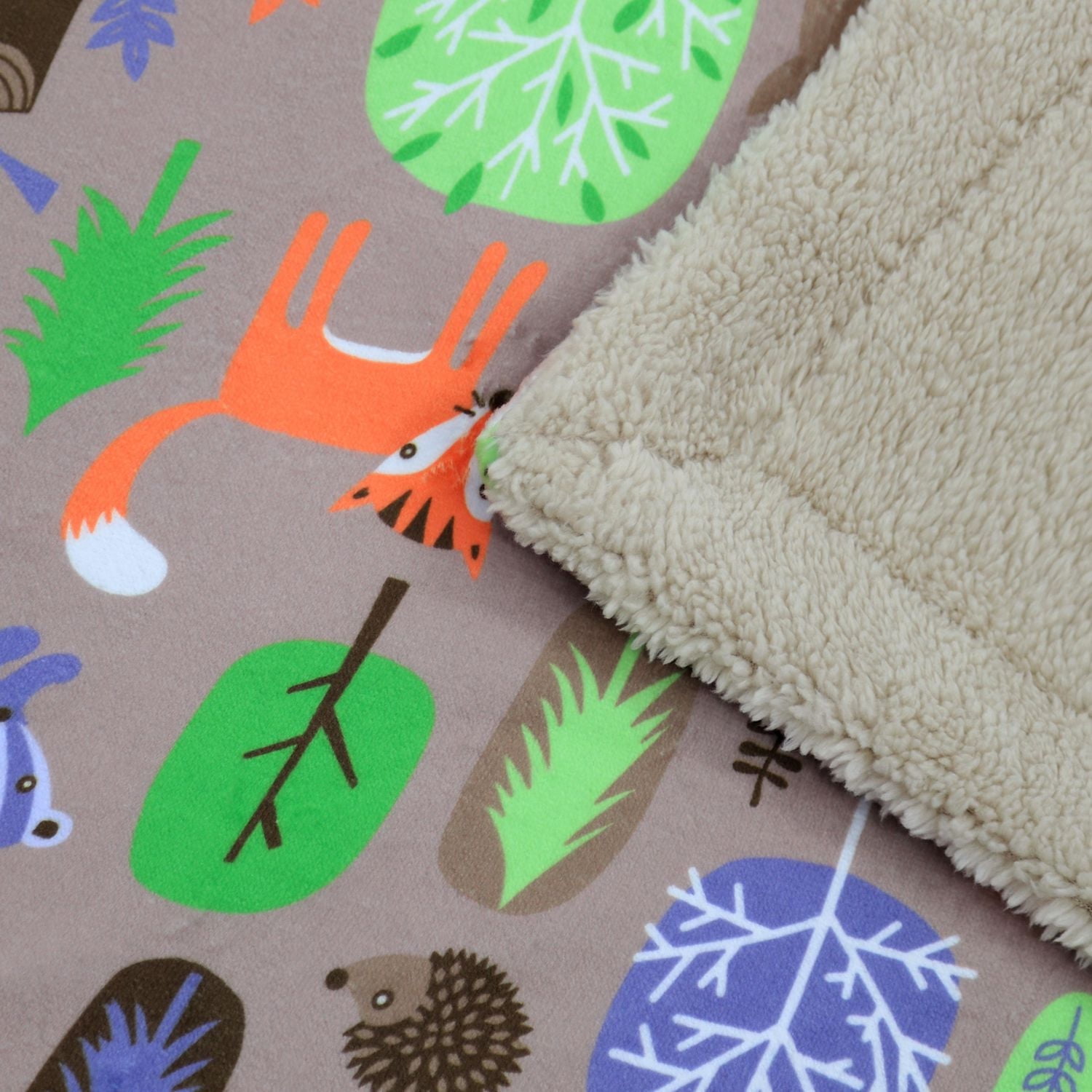Marina Decoration Reversible Rich Printed Woven Fluffy Plush Soft Warm Flannel Fleece Children Throw Sherpa Kids Blanket, 40 x 50 Inch Fox Forest With Taupe Base Pattern