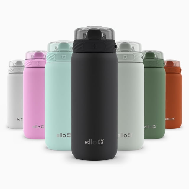 Ello Cooper 18oz Kids Stainless Steel Water Bottle with Straw and Carry Handle, Double Walled and Vacuum Insulated Metal, Leak Proof Locking Lid with Soft Silicone Spout, Reusable, BPA Free, Black
