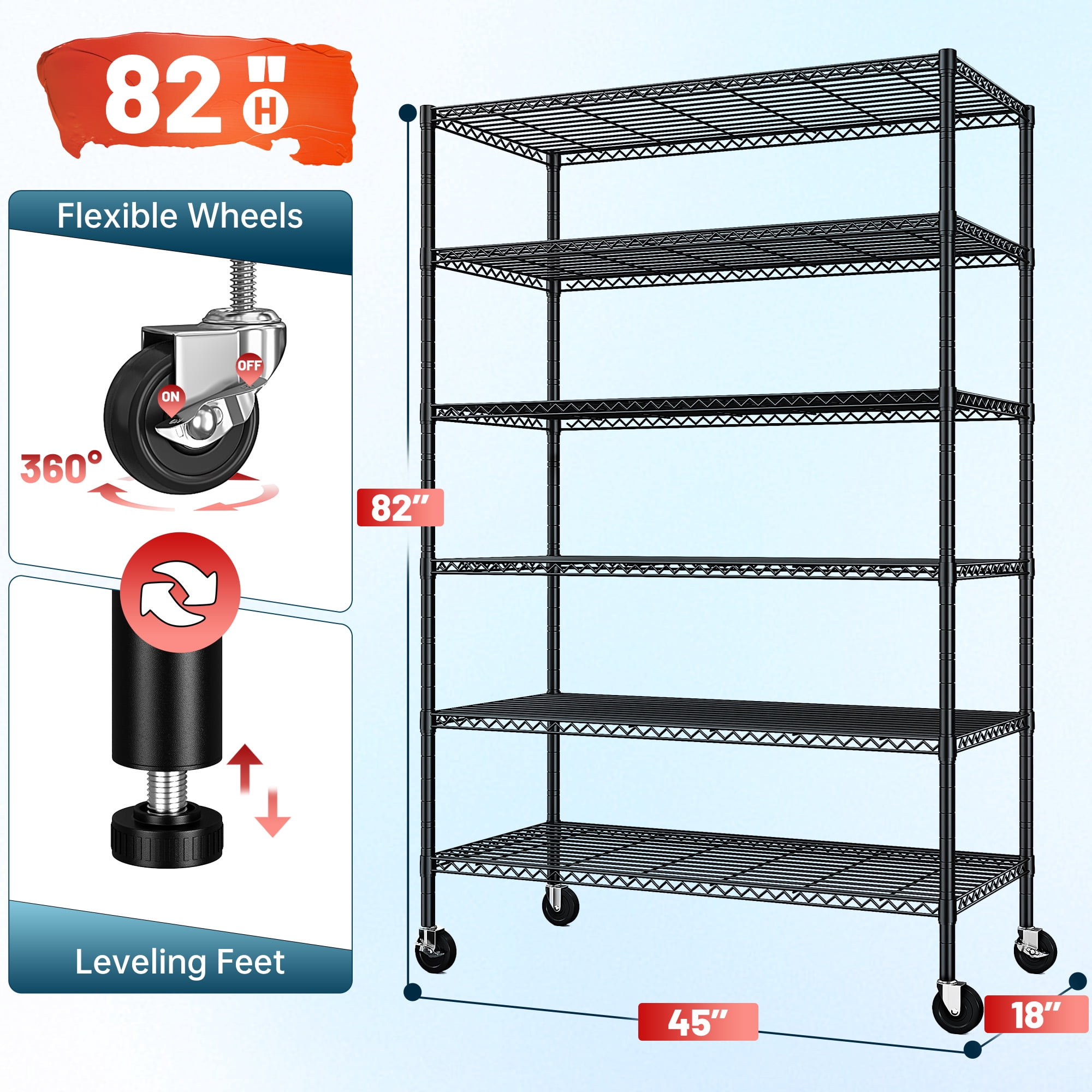 REIBII 6-Tier Wire Shelving Unit with Wheels, 82"H x 45"W x 18"D, 1200LBS Capacity,Adjustable Metal Storage Shelves for Garage,Kitchen,Pantry,Black