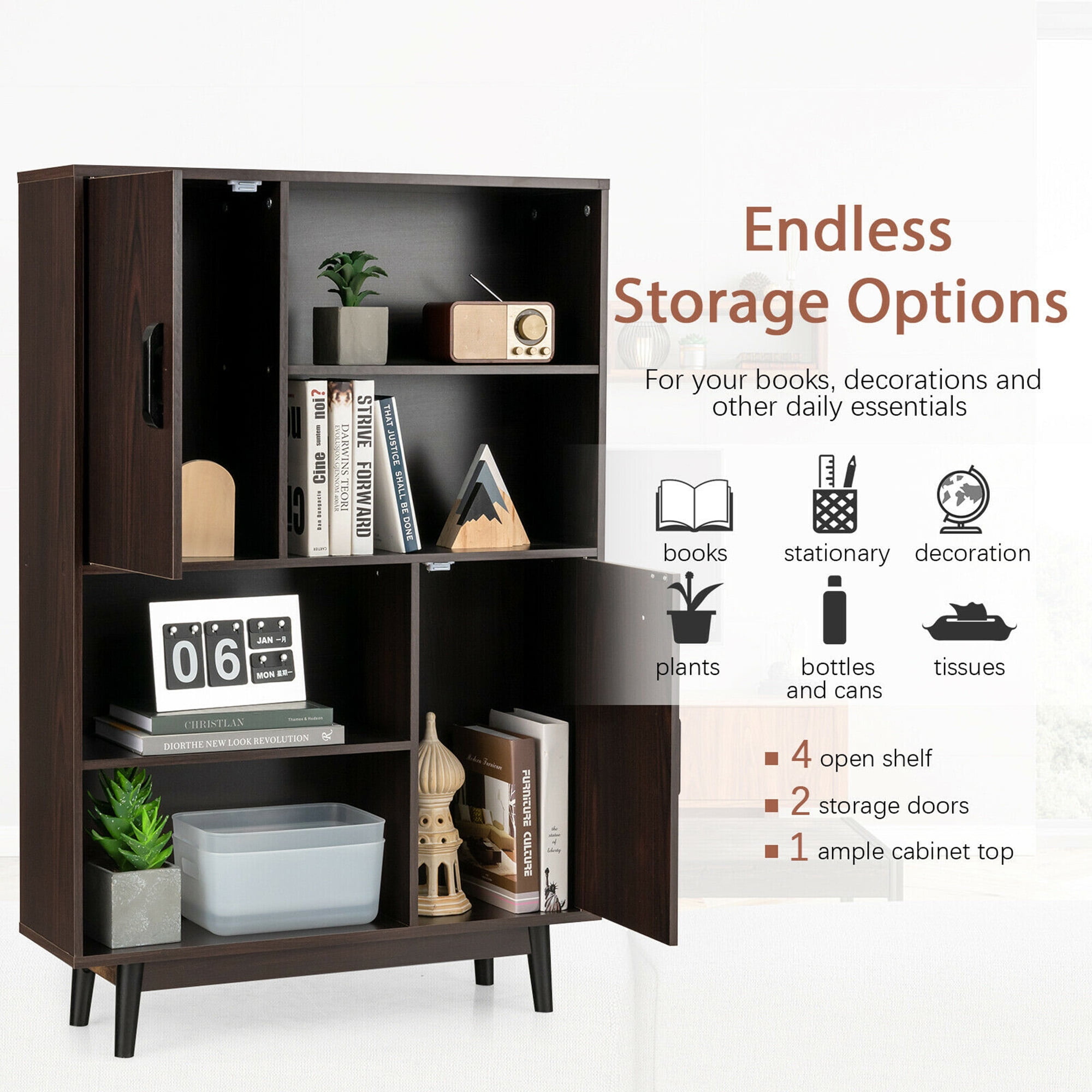 Gymax Wood Storage Cabinet with 2 Doors, Brown