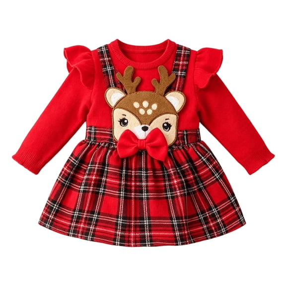 Ulanda My First Christmas Baby Girl Outfits Newborn Infant Ribbed Romper Ruffle Plaid Skirt Overalls Dress Clothes Set (Red, 0-3 Months)