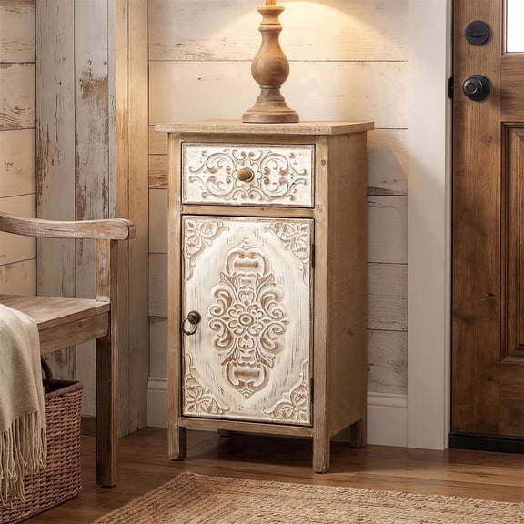 Langford Home 30" Carved Wood Accent Storage Cabinet, Distressed White