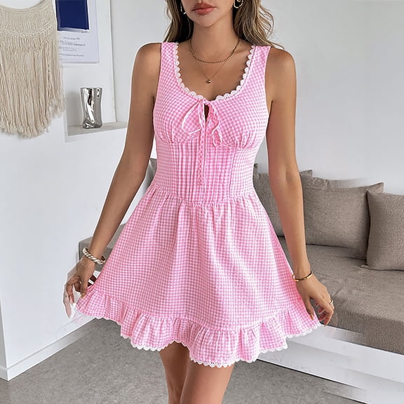 Hvyesh Women's Summer Corset Mini Dress Lace Plaid Print A-line Swing Dress Slim Fit Sleeveless Round Neck Party Dresses