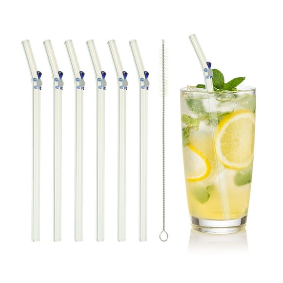 Uxcell 6 Pcs Popotes de Vidrio Reutilizables, Popote de Vidrio de 7.87" Resistente a Roturas, Popotes Lindos y Transparentes para Whisky, Café, Jugo, Refrescos y Té, Azul