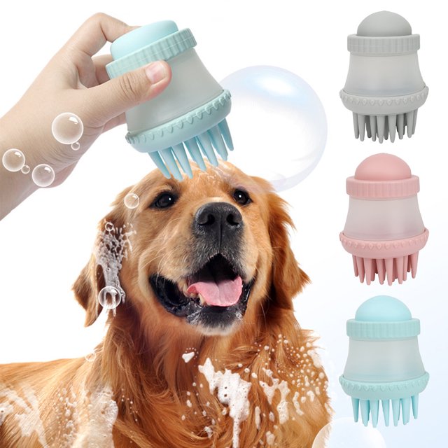 Cepillo de baño para mascotas | Peine de masaje de silicona para perros y gatos | Dispensador de jabón de baño incorporado | Cerdas suaves para muda y limpieza profunda | Mango ergonómico