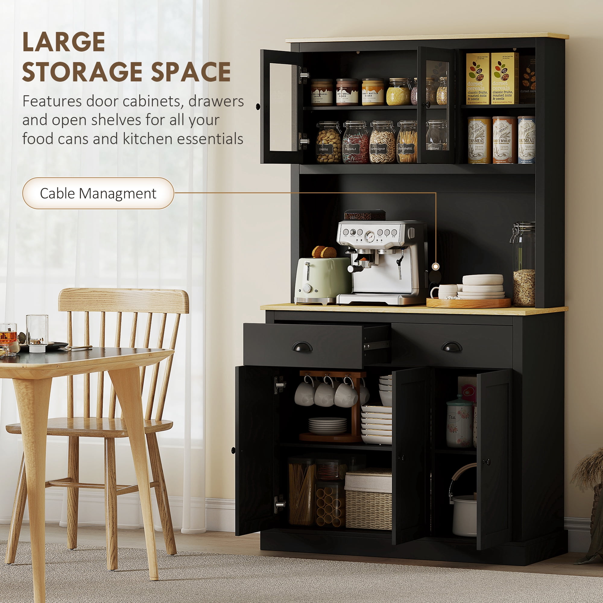 HOMCOM Freestanding Kitchen Cabinet with Wide Countertop, Tall Pantry Cabinet with Adjustable Shelves, Modern Hutch for Dining Room, Black