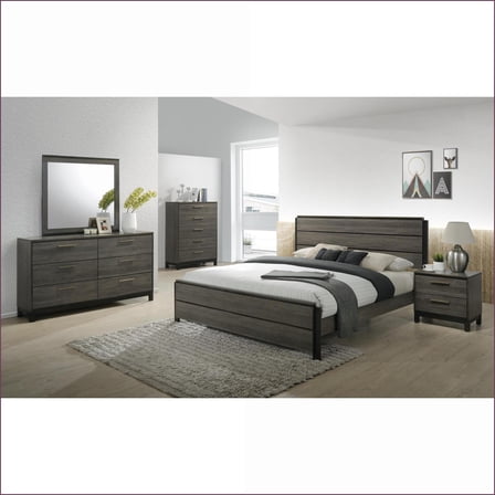Bedroom Set, 5-Piece Queen Size Weathered Light Gray Wood – Bed Dresser Mirror Nightstand Chest | Wood | Standard Beds