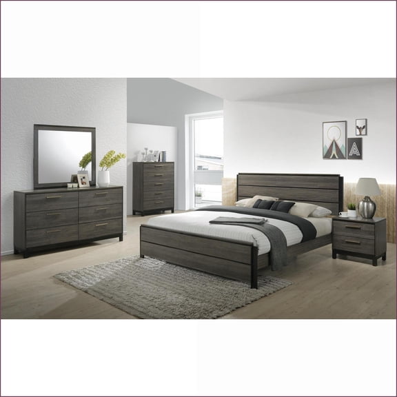 Bedroom Set, 5-Piece Queen Size Weathered Light Gray Wood – Bed Dresser Mirror Nightstand Chest | Wood | Standard Beds