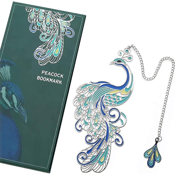 Marcapáginas de pavo real, marcapáginas de metal creativo con cadena colgante de 16 cm de largo, exquisita caja de regalo, regalos de colección de artesanía estética oriental (azul