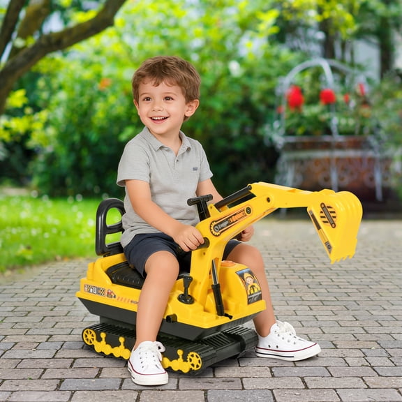 Qaba NO POWER Ride On Excavator Toy Tractors Digger Movable Scooter Walker Pretend Play Toddler Construction Truck Basket Storage Yellow