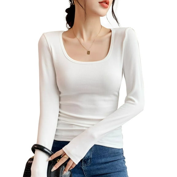 Women's White Shirt Square Neck Long Sleeve T-Shirt
